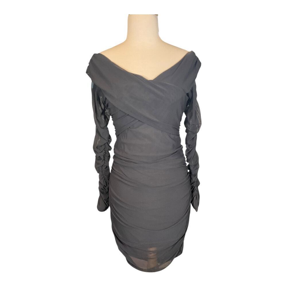 Stella Luce Bodycon Black Ruched Off the Shoulder Mini Dress Sheer Sleeves Large